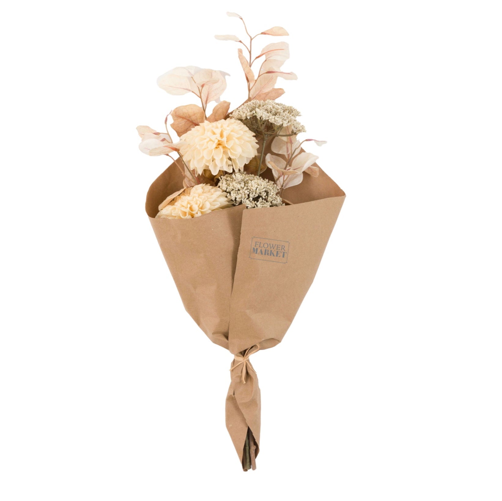 Bouquet of flowers wrapped in brown paper with 'Flower Market' label on a white background