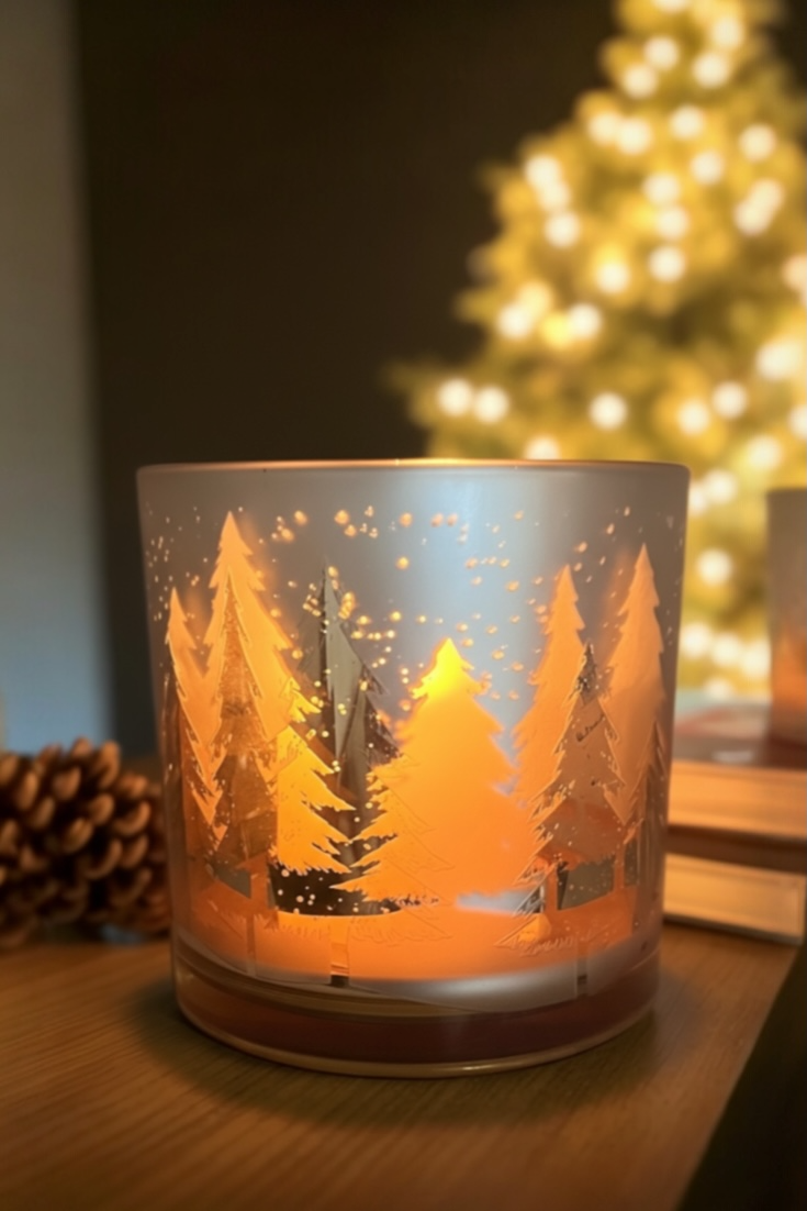 Candle with forest design in front of a Christmas tree