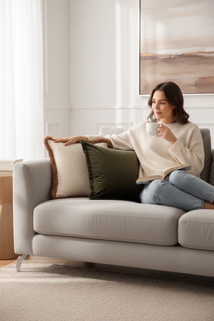 Woman sitting on a couch holding a mug in a modern living room.