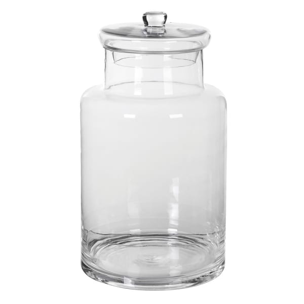 Clear glass jar with a lid on a white background