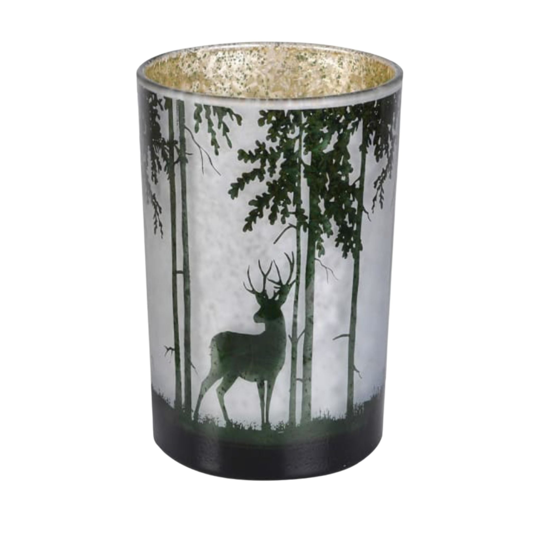 A tall hurricane glass candle holder with reindeer motif