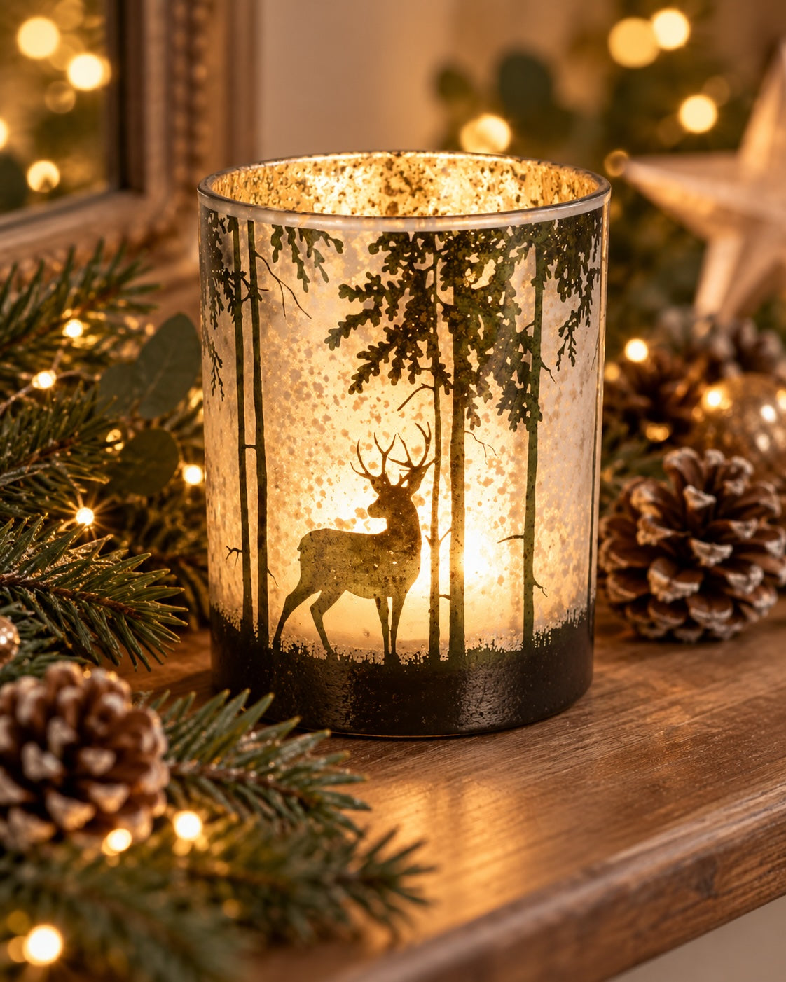 Small Enchanted Reindeer glass hurricane glowing in a woodland Christmas display