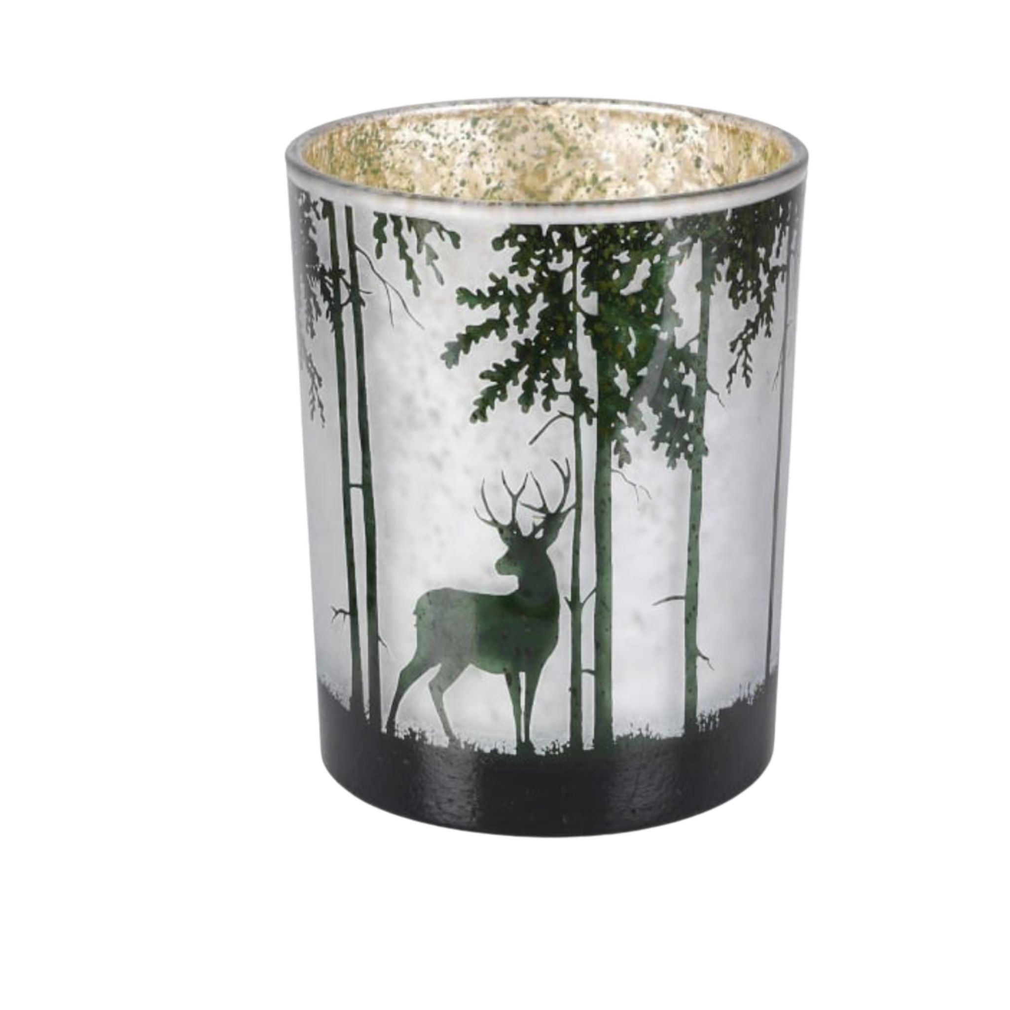A petite hurricane glass candle holder with enchanted reindeer motif