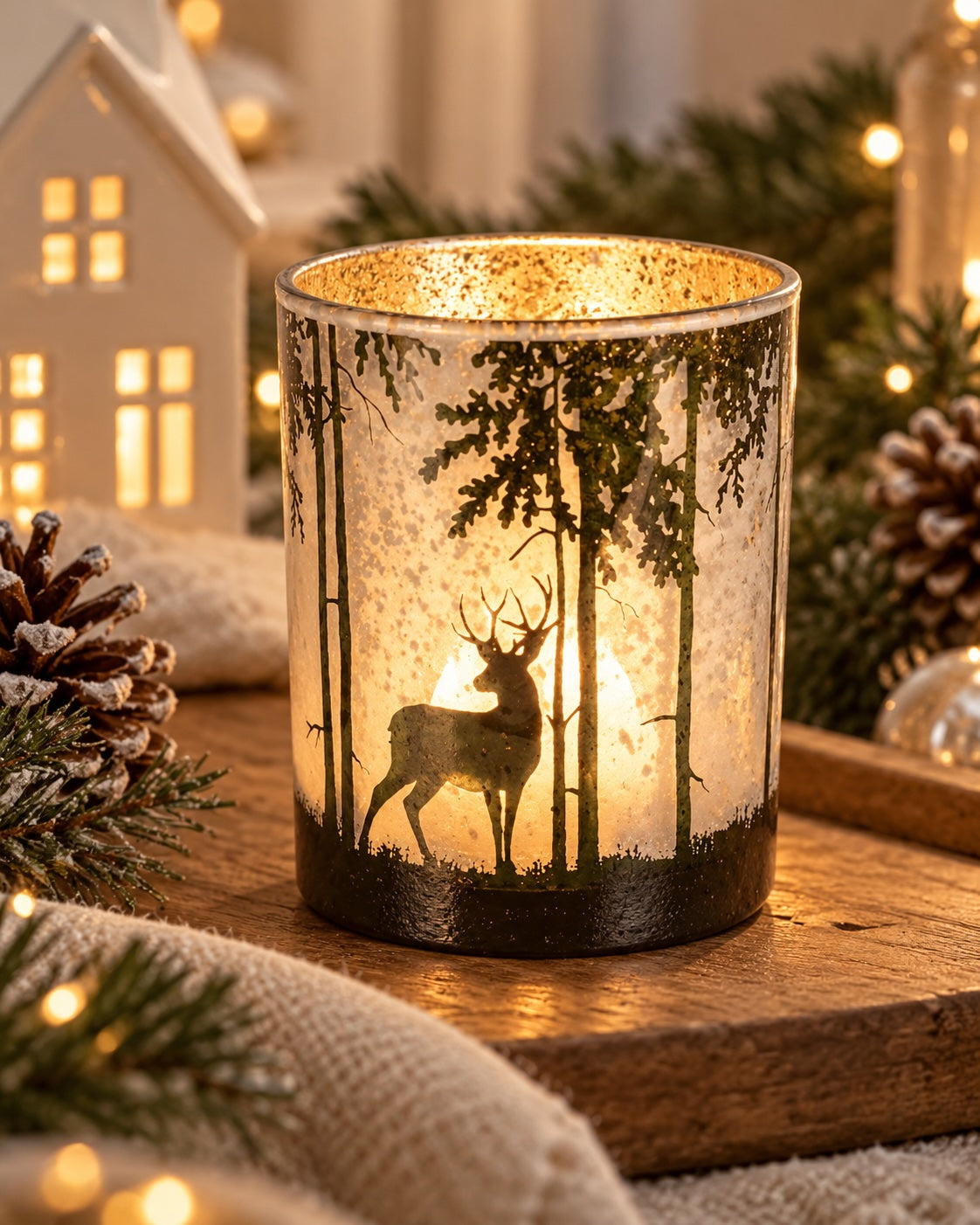 Small Enchanted Reindeer glass hurricane glowing in a woodland Christmas display