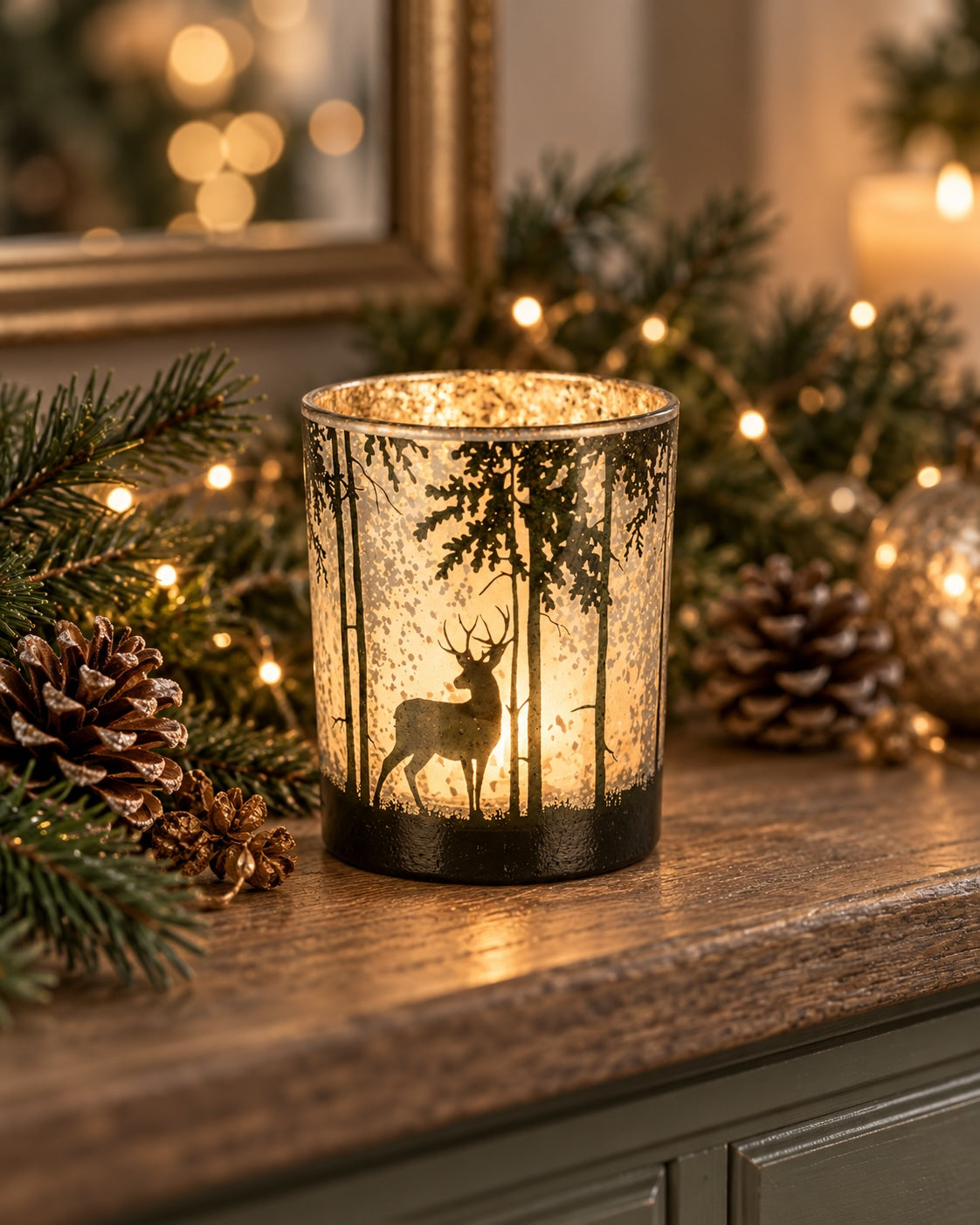 Small Enchanted Reindeer glass hurricane glowing in a woodland Christmas display