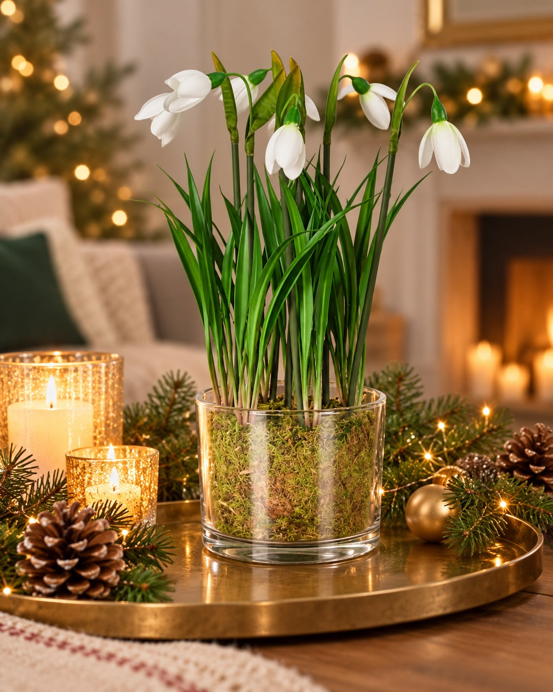 Faux Snowdrop Plant in Glass Pot – 26cm
