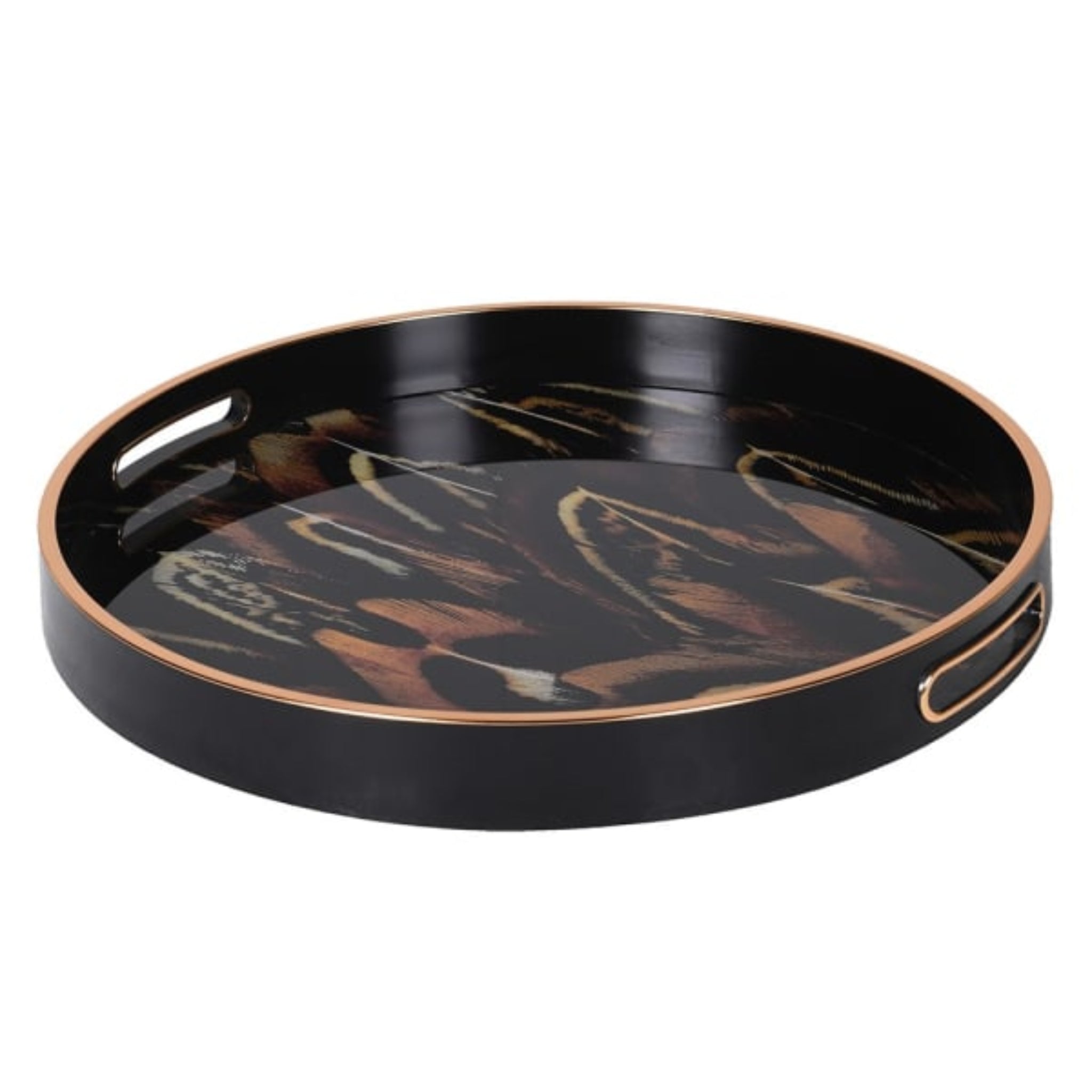 Round black tray with gold accents on a white background