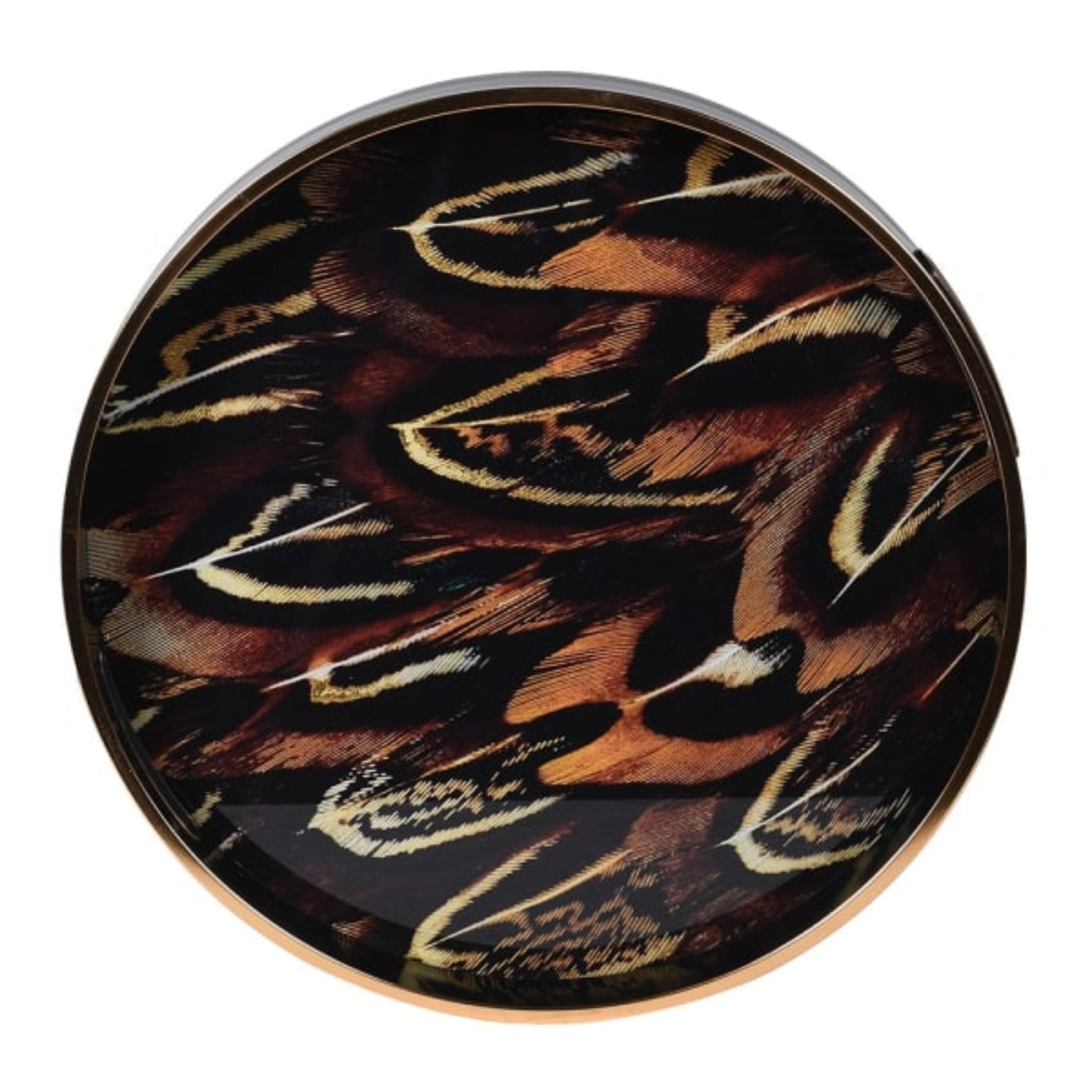 A round decorative tray with a feather pattern and gold accents on the handles.