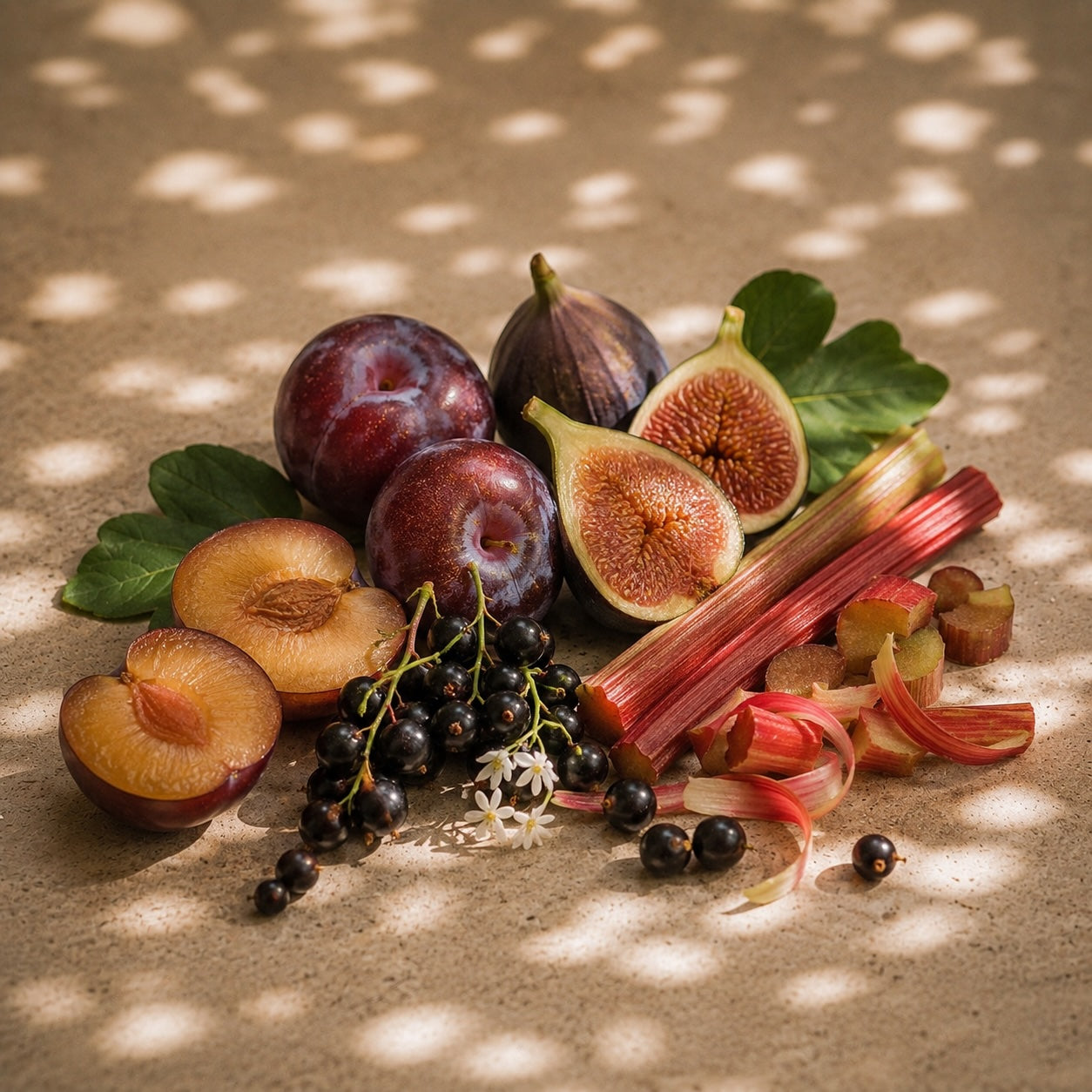 Sunlit still life of plums, figs, blackcurrants and rhubarb on a warm neutral background, evoking the juicy, layered character of Elm & Grey fruity fragrances