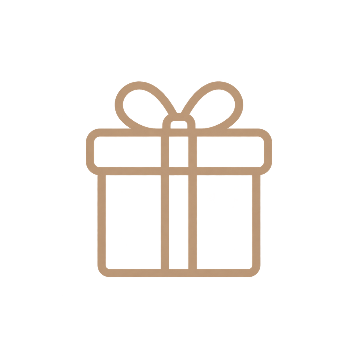 A minimalist brown line icon of a gift box with a bow on a solid white background.