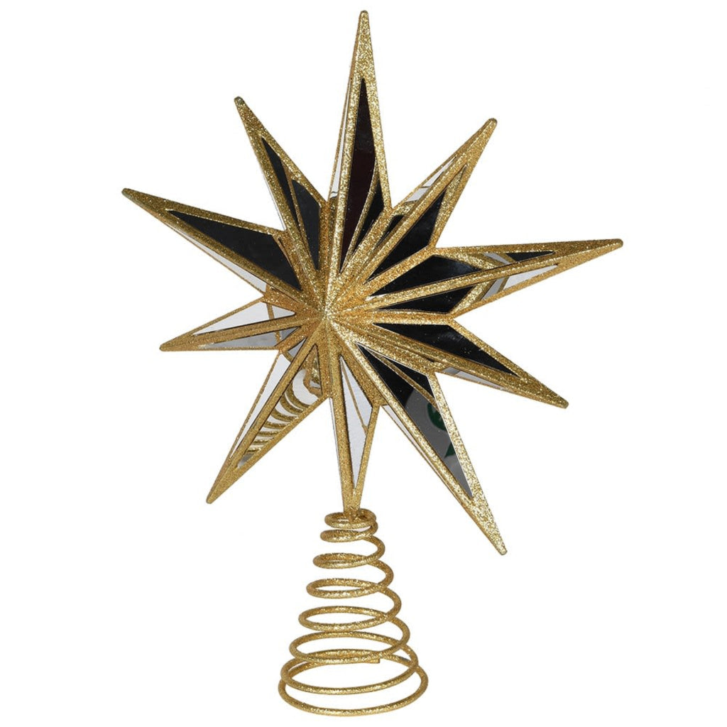 Gold Mirrored star-shaped Christmas tree topper on a white background