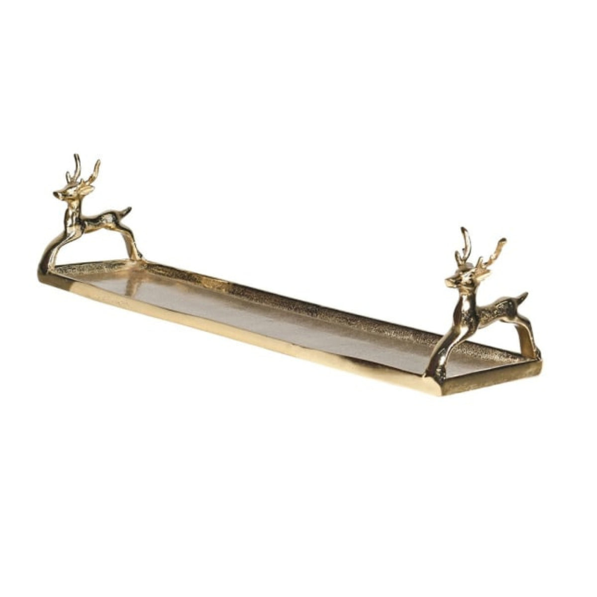 A rectangular brass shelf with decorative deers supports on each end, shown against a plain white background.