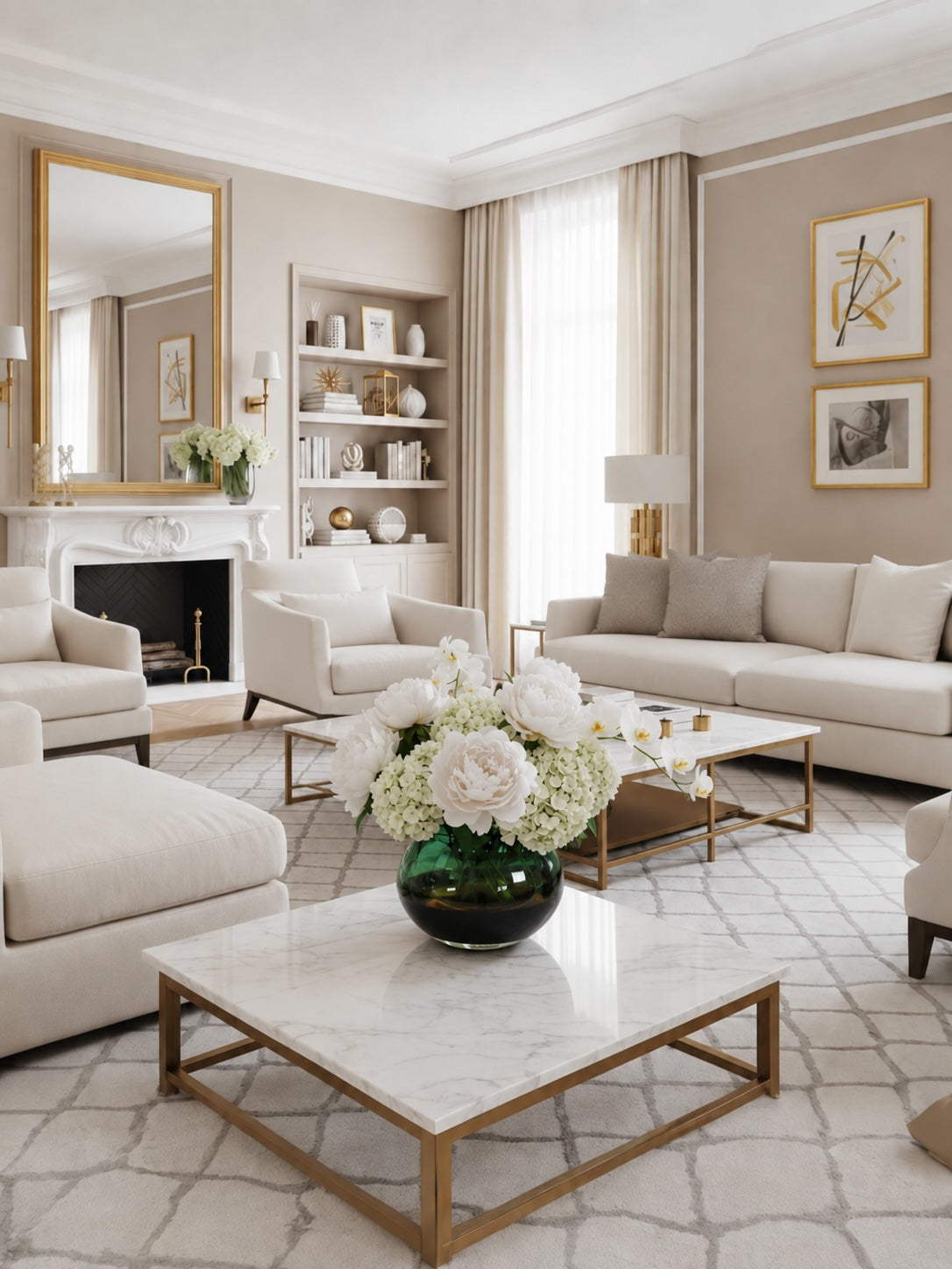 Green and Black Ombre Vase by Elm & Grey set  in a beautifully styled modern living room featuring a large white marble-top coffee table with a gold metal frame in the foreground, surrounded by neutral beige sofas, a patterned rug, and a fireplace with a gold mirror.