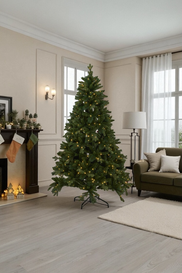 Decorative Christmas tree in a living room with a fireplace and sofa.