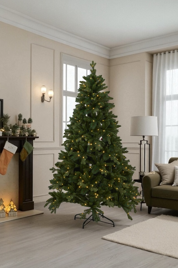 Decorative Christmas tree in a living room with lights on, near a fireplace and sofa.