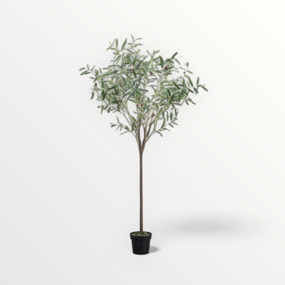 A potted artificial olive tree with green leaves, set against a white background.