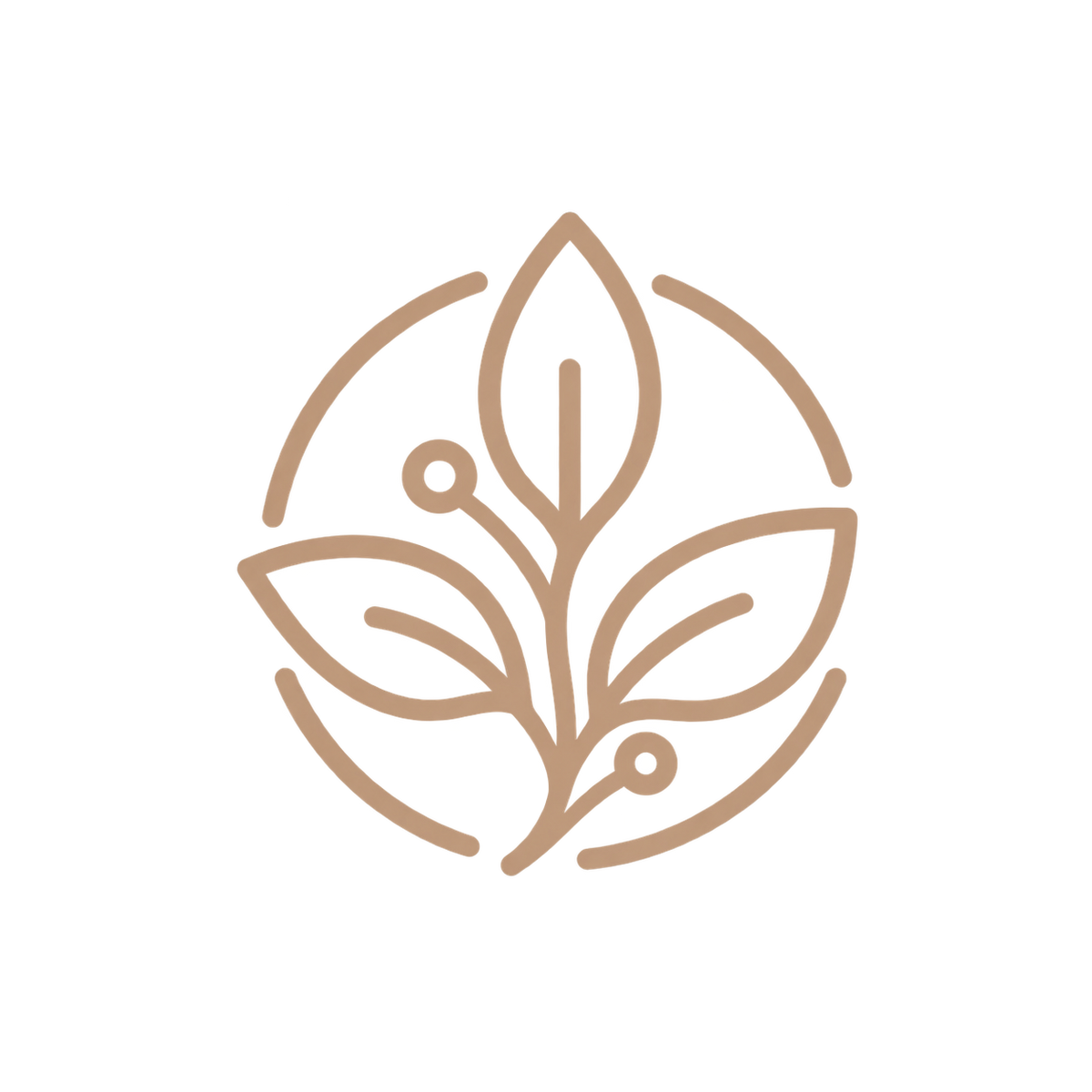 A minimalist brown line icon depicting a leafy plant enclosed in a circular frame, centered on a solid white background.