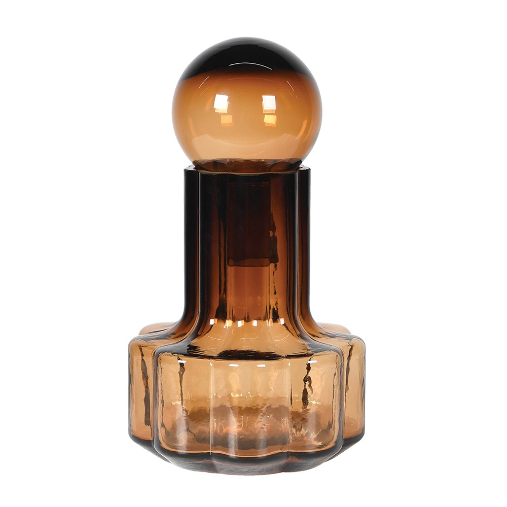 Hazel amber glass decorative bottle with scalloped ribbed base and sphere stopper on white background Elm & Grey