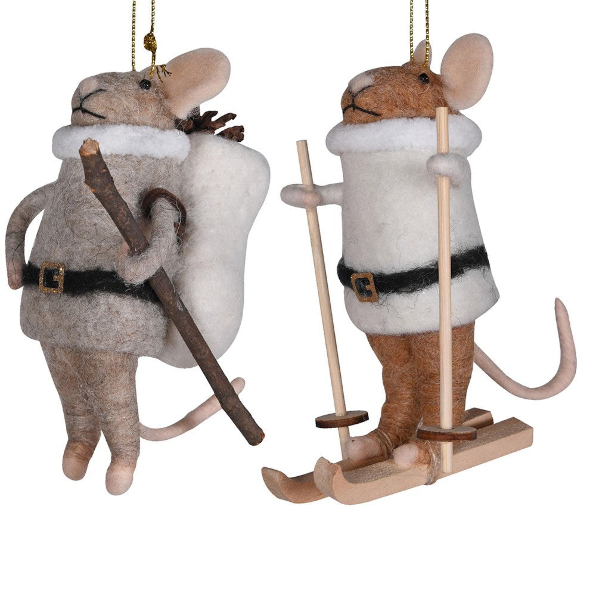 Two felt mouse ornaments, one with a hiking stick and the other on skis, on a white background.