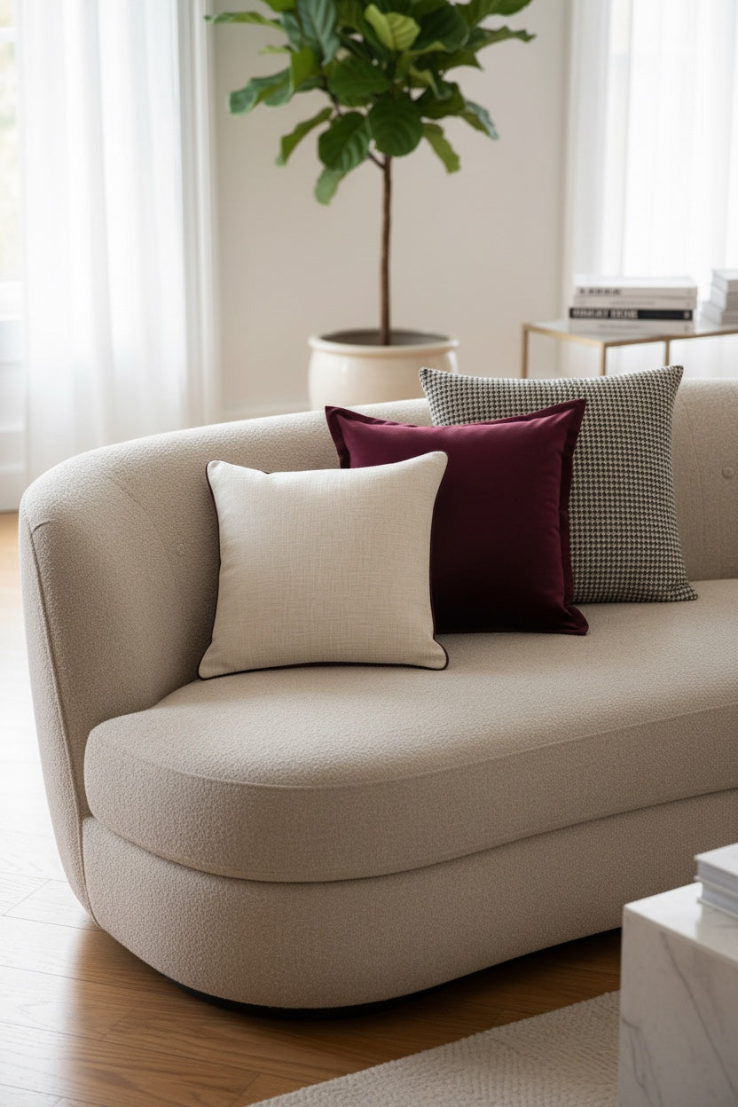 Beige sofa with decorative pillows in a living room setting