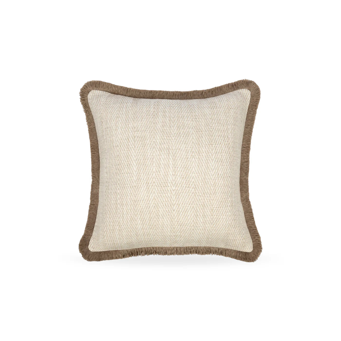 Beige pillow with brown woven border on a white background