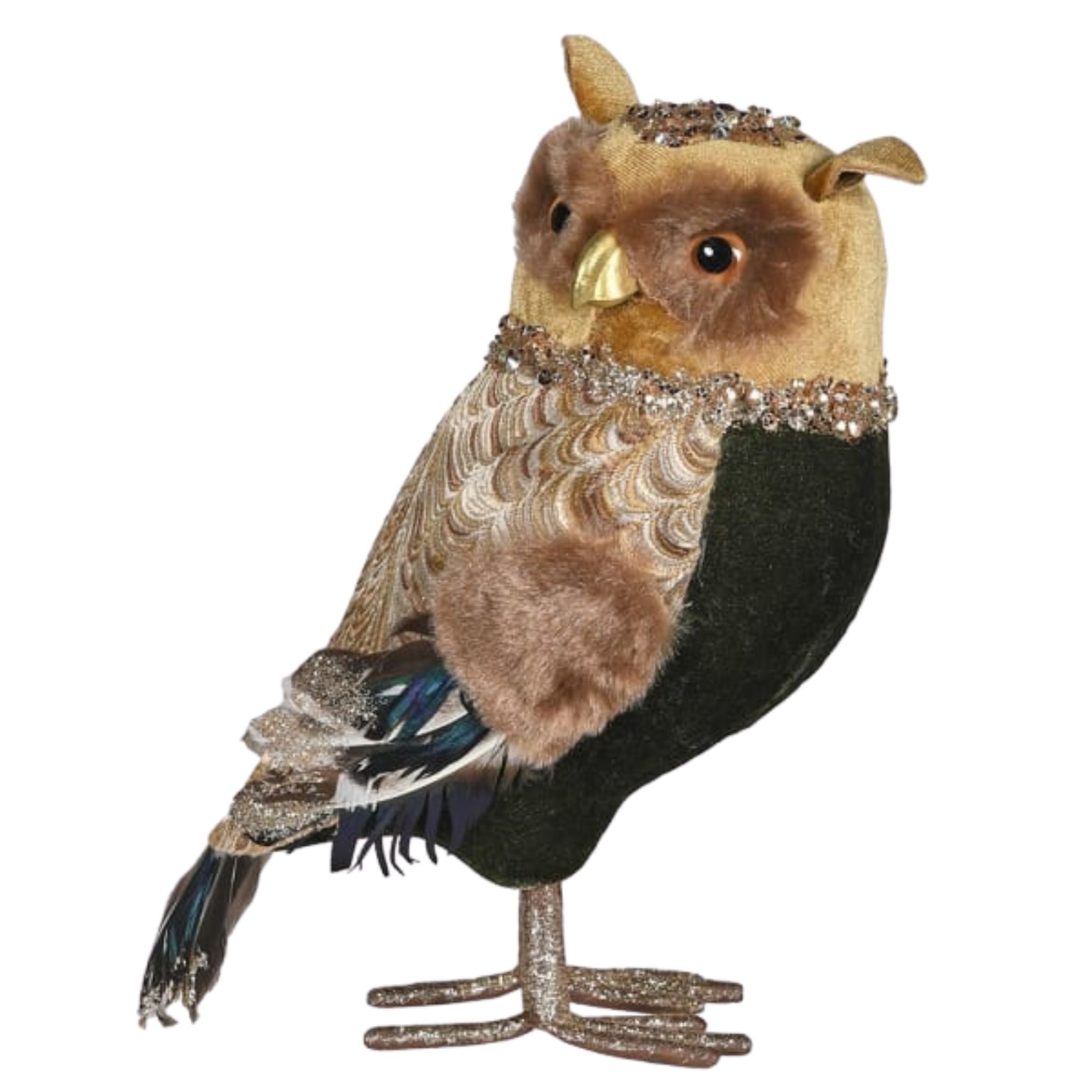 A luxurious owl ornament adorned with jewels, velvet and feathers in gold and forest green