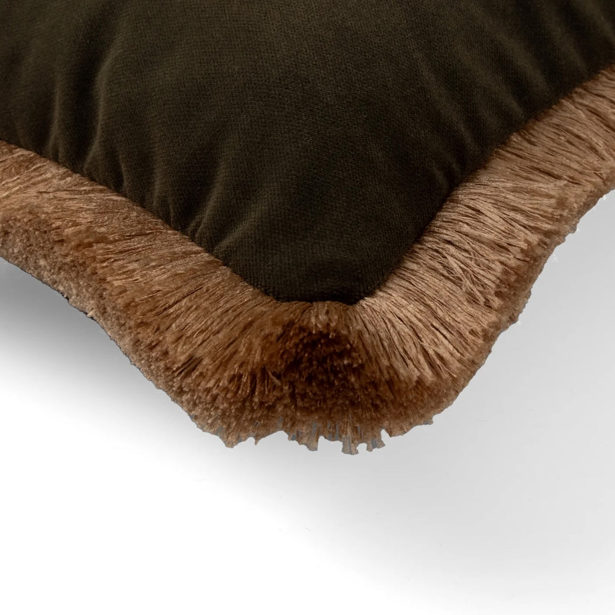 Juniper Green Velvet Lumbar Cushion with Gold Fringe – 30 × 50cm