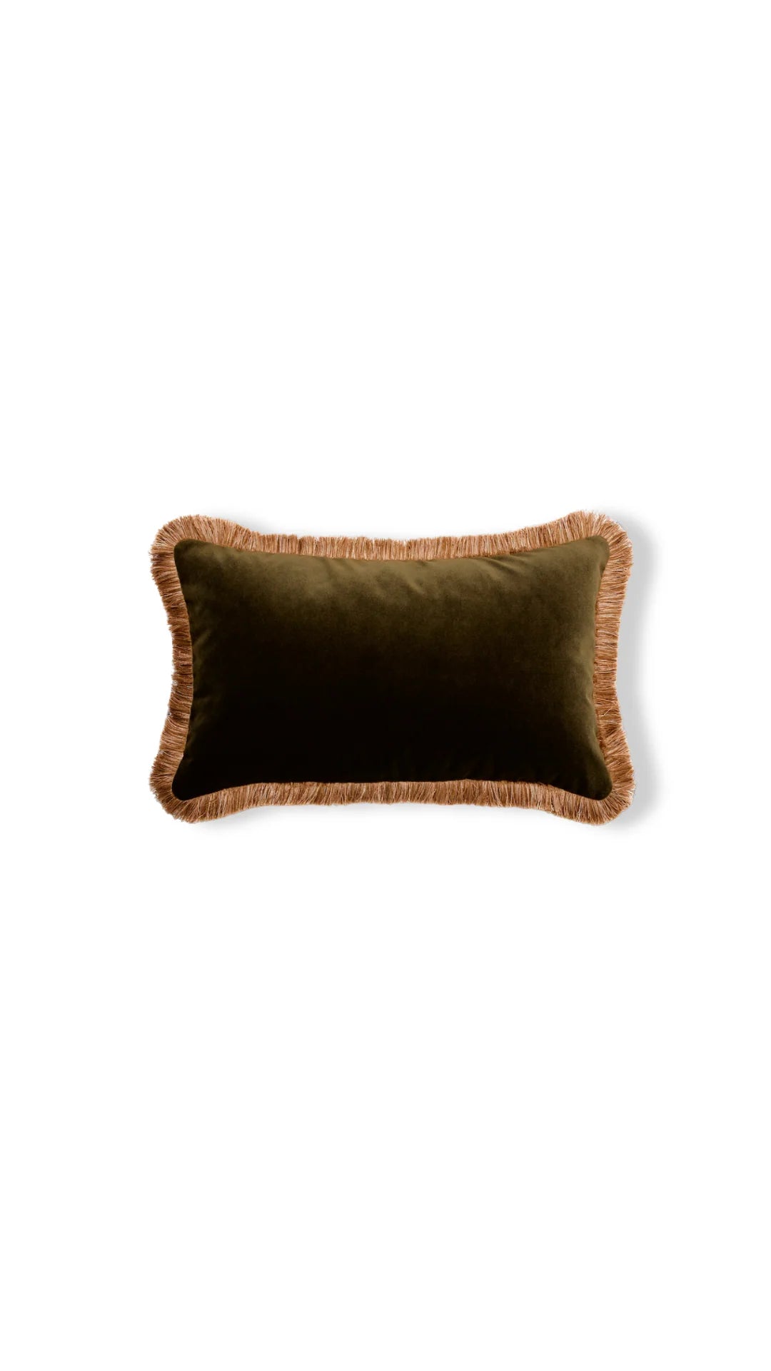 Dark green pillow with brown fringes on a white background
