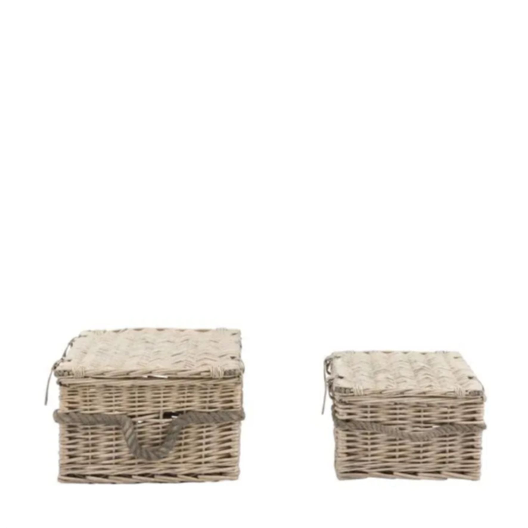 Two woven storage baskets with lids on a white background