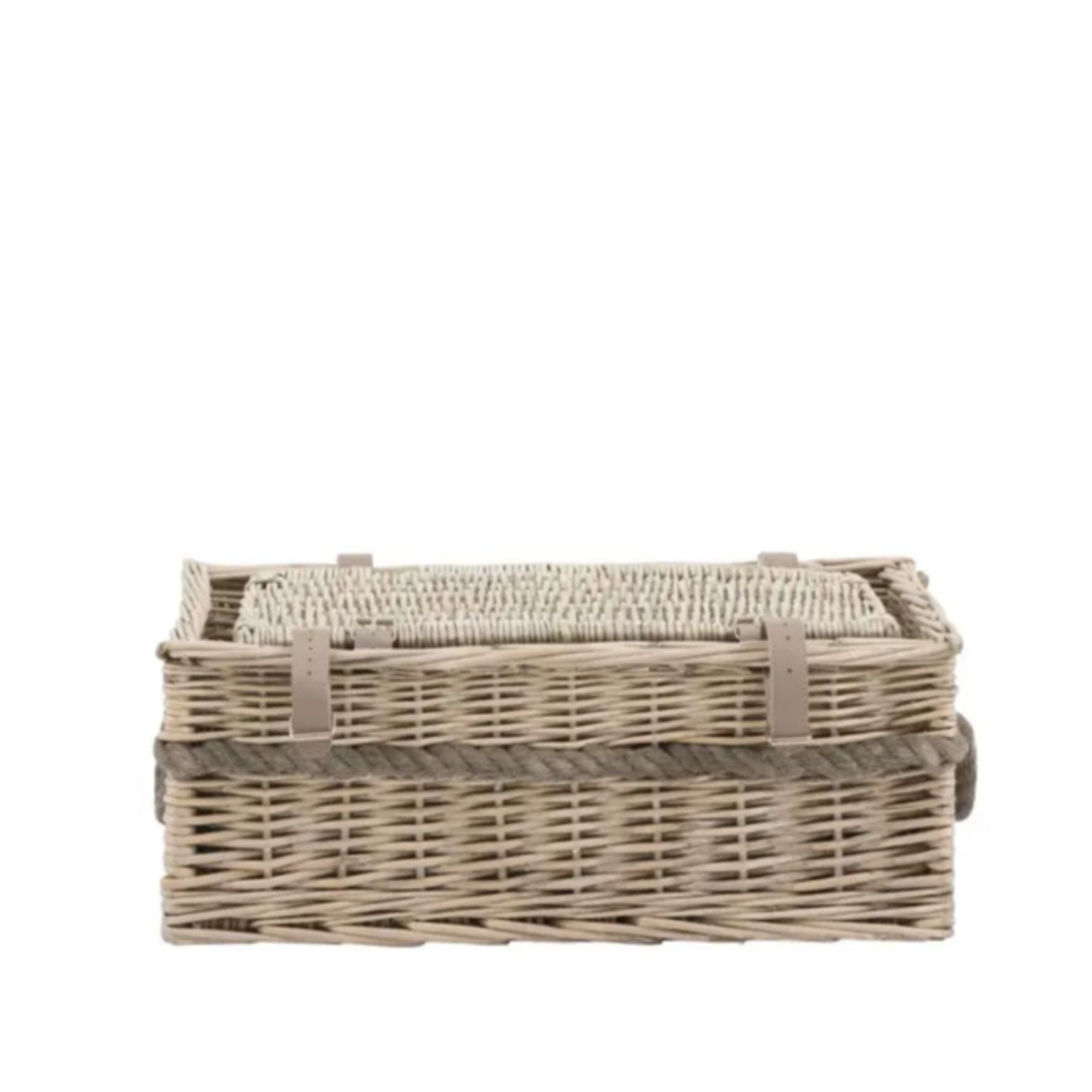 Wicker basket with a lid on a white background
