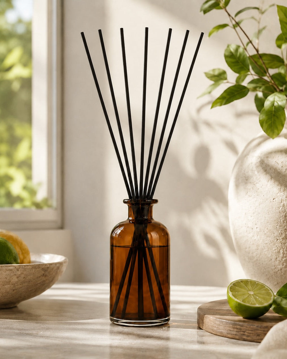 Elm & Grey Lime Basil & Mandarin Statement Reed Diffuser with amber glass vessel and black reeds styled on a console table for large room home fragrance