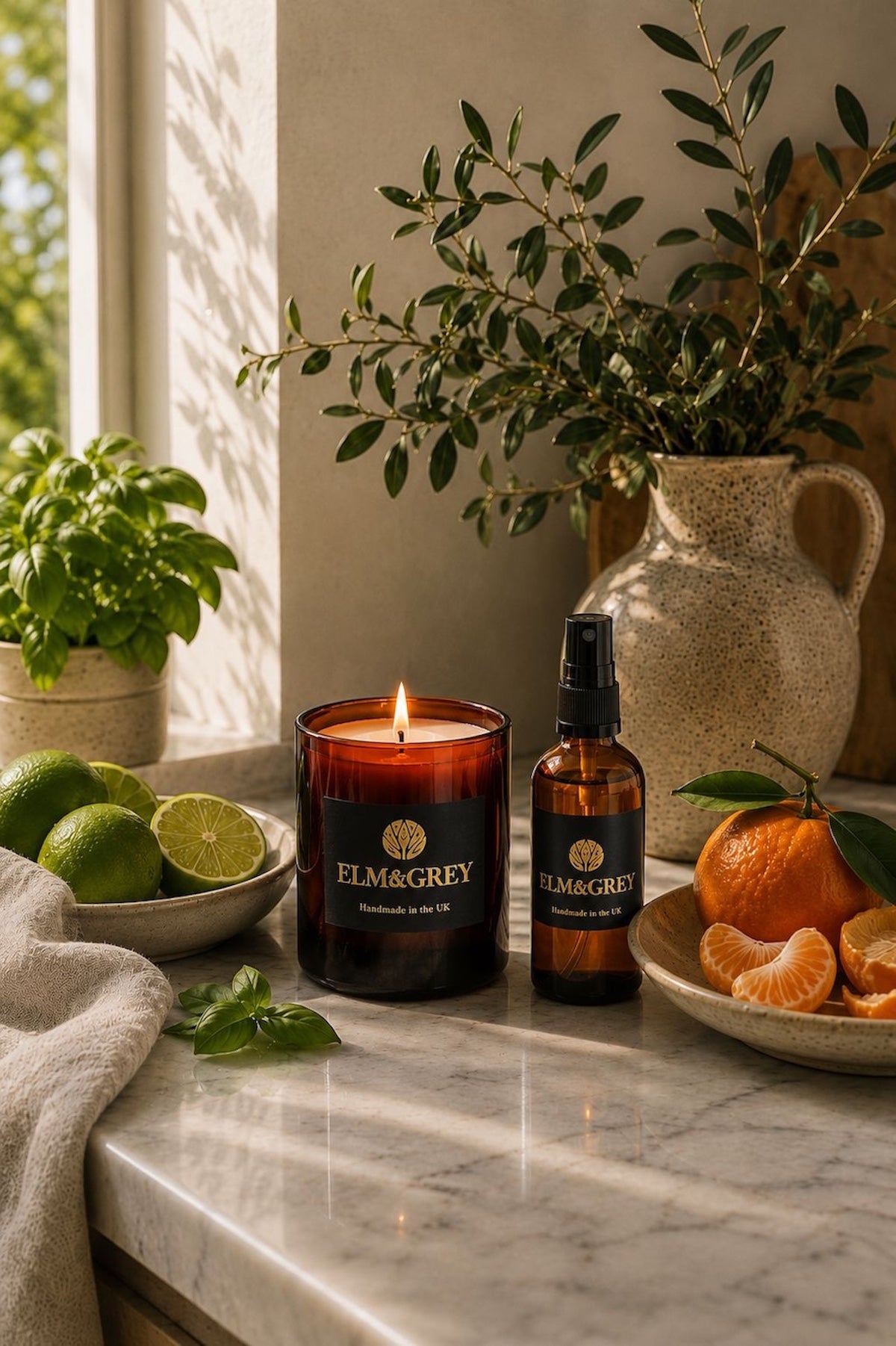 Elm & Grey Lime Basil & Mandarin luxury candle and room spray styled on a marble bathroom countertop with fresh limes, basil and mandarin