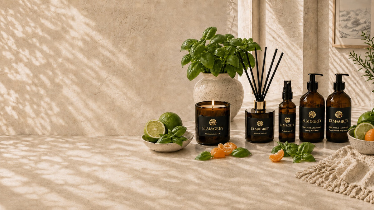 Elm & Grey Lime Basil & Mandarin luxury home fragrance collection with candle, reed diffuser, room spray and hand care