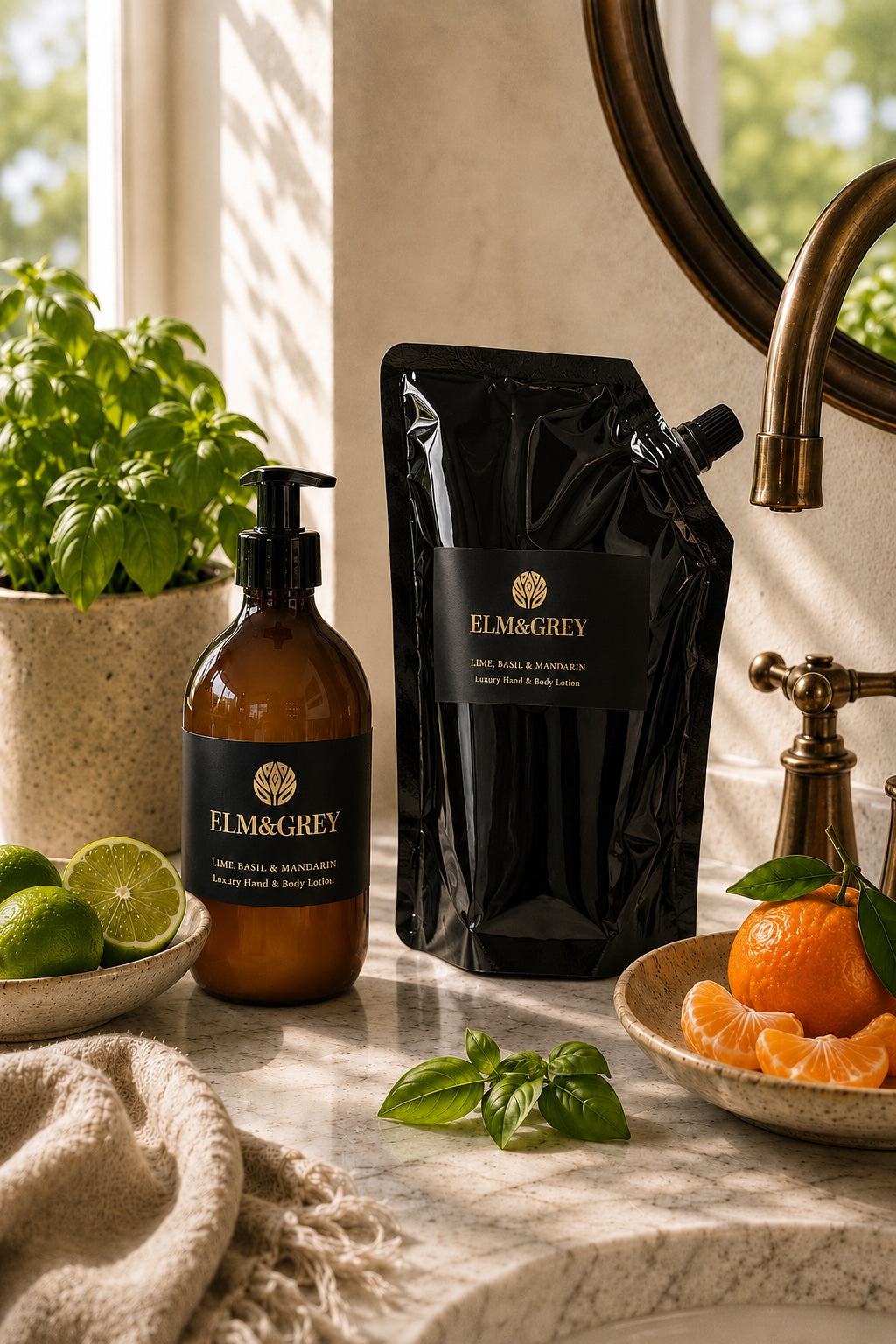 Elm & Grey Lime, Basil & Mandarin hand and body care styled in a fresh, calming bathroom ritual setting