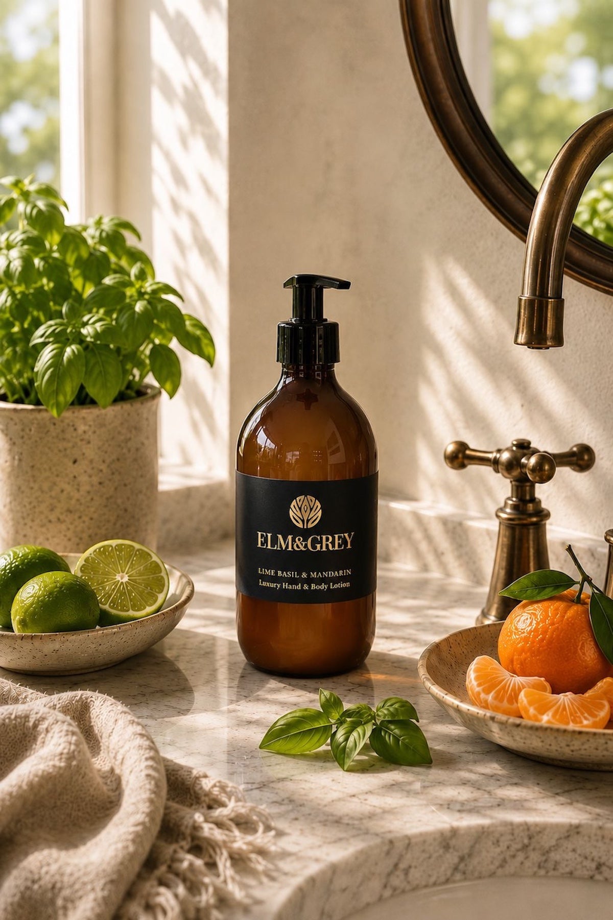 Elm & Grey Lime Basil and Mandarin luxury hand and body lotion on marble bathroom surface with brass tap, fresh lime and basil