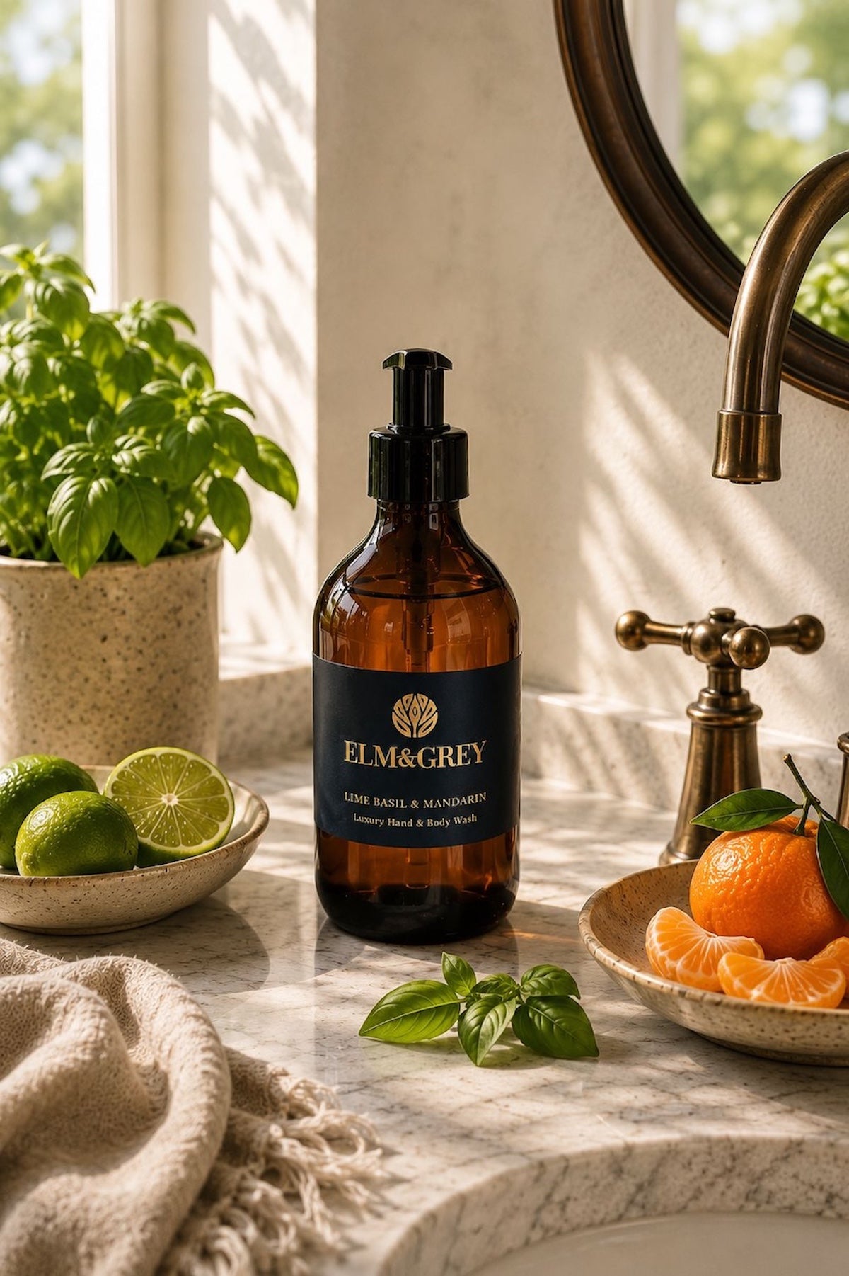 Elm & Grey Lime Basil and Mandarin luxury hand and body wash on marble bathroom surface with brass tap, fresh lime, basil and mandarin