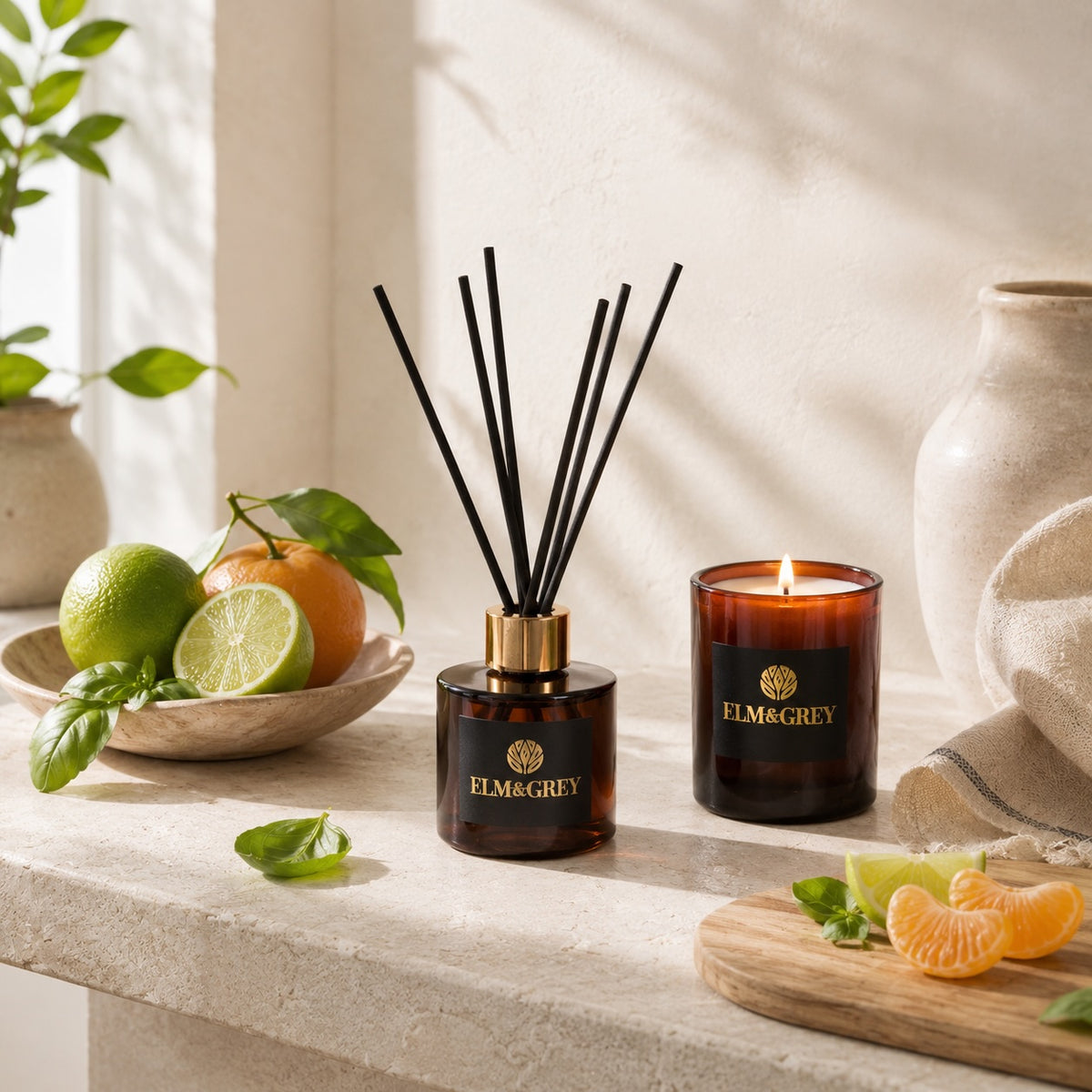 Elm & Grey Lime Basil & Mandarin candle and reed diffuser styled in a bright contemporary home
