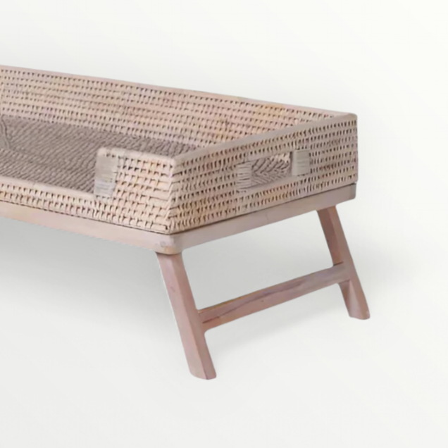 Limewashed rattan breakfast tray on a white background