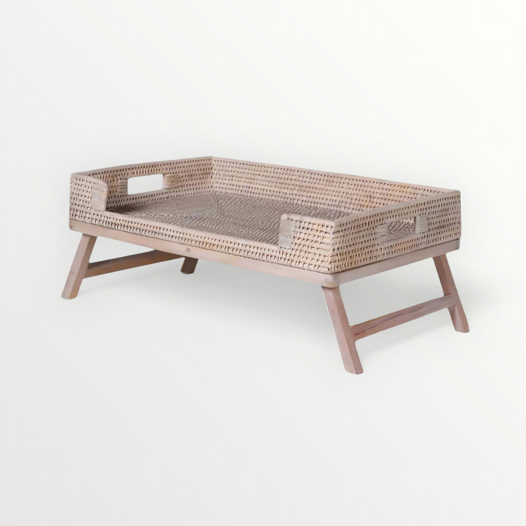 Limewashed rattan breakfast tray on a white background, Elm & Grey
