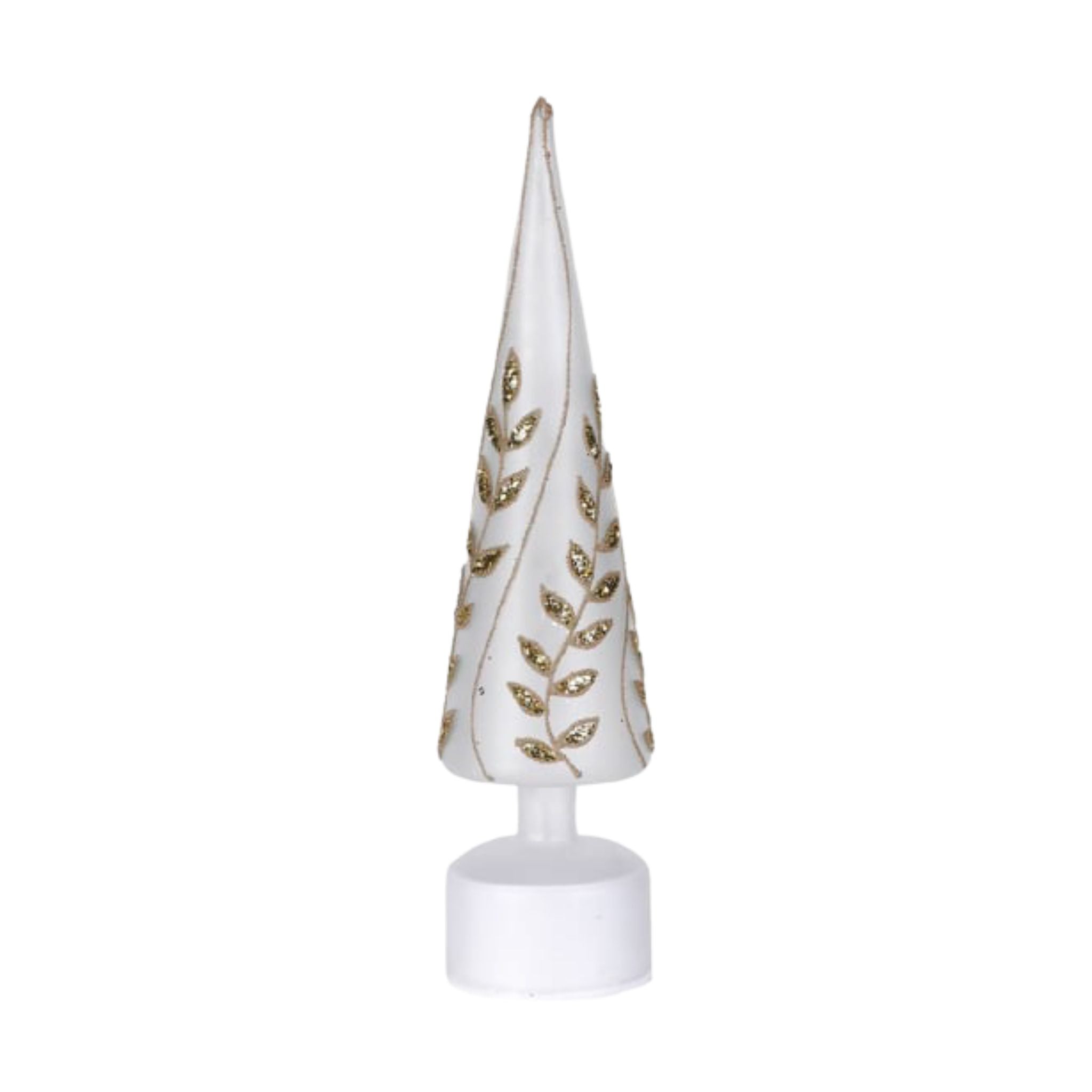 A statement rotating tree with elegant gold laurel pattern glowing softly