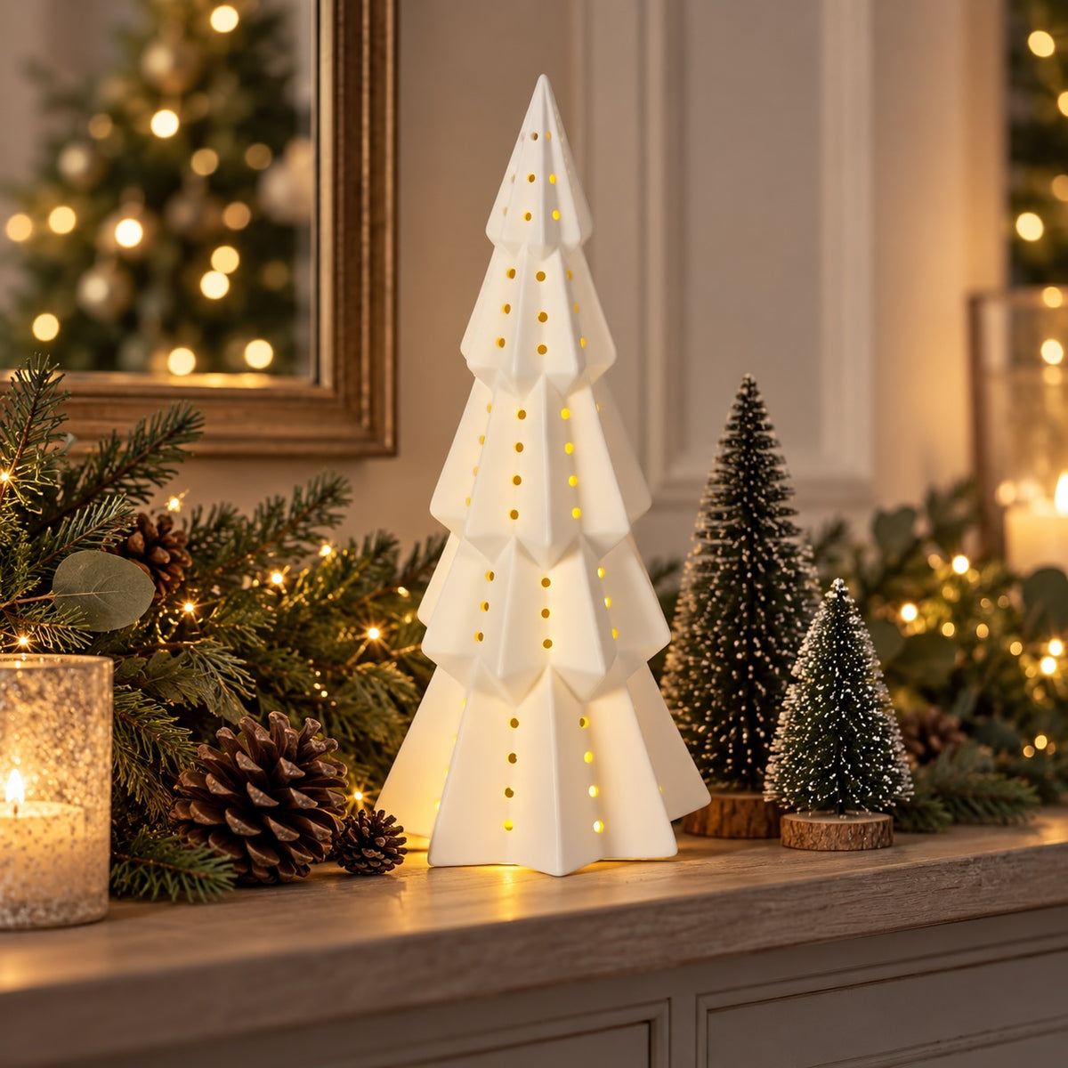 A white geometric Christmas tree-shaped lamp with warm yellow lights glows on a wooden mantelpiece, surrounded by holiday greenery, pinecones, and smaller decorative trees in a cosy indoor setting.
