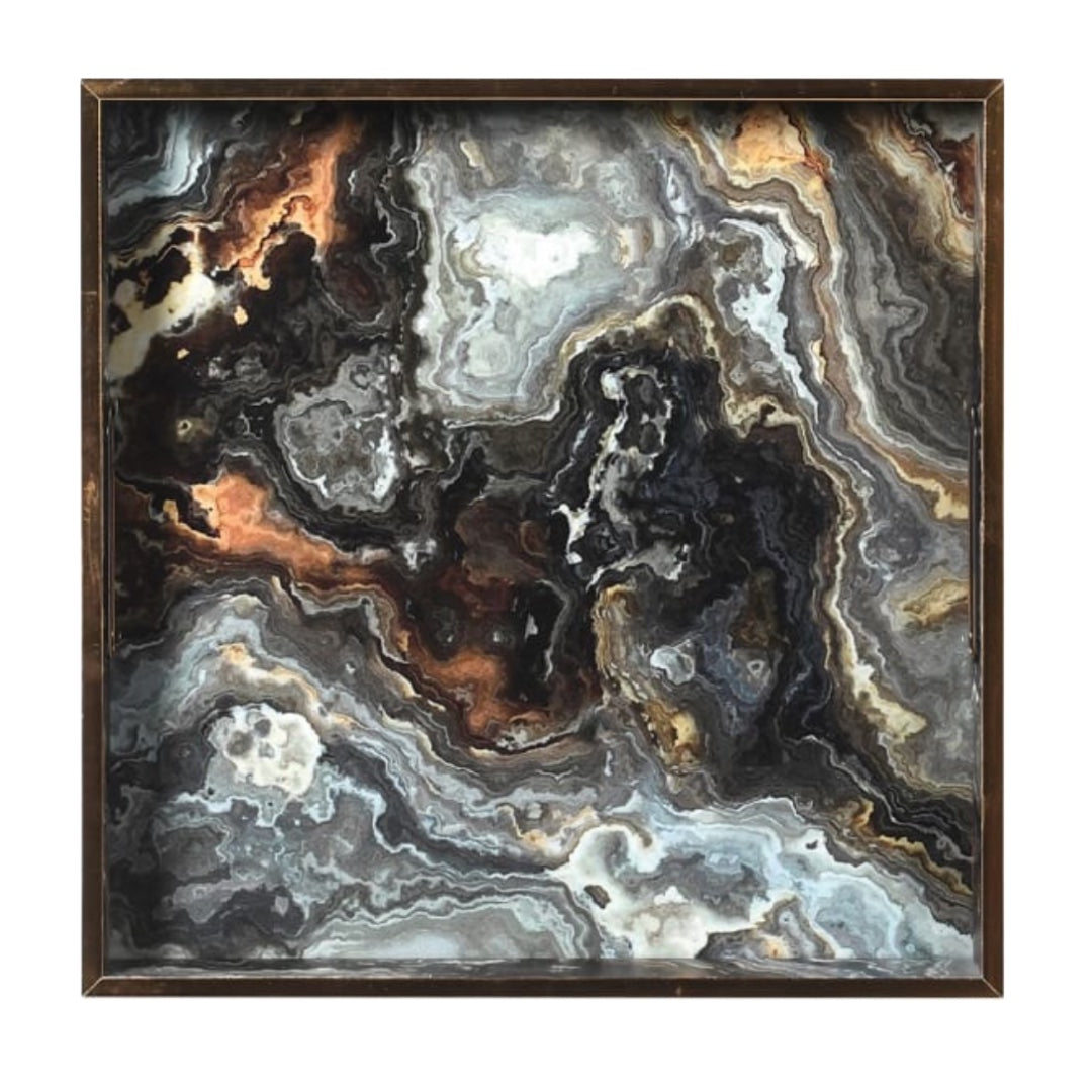Marble effect tray with gold trim, 35cm square, charcoal and rust veined surface, Elm and Grey