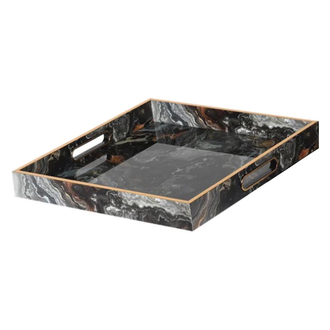 Marble effect tray with gold trim shown at an angle, cut-out handles and gold rim detail, Elm and Grey