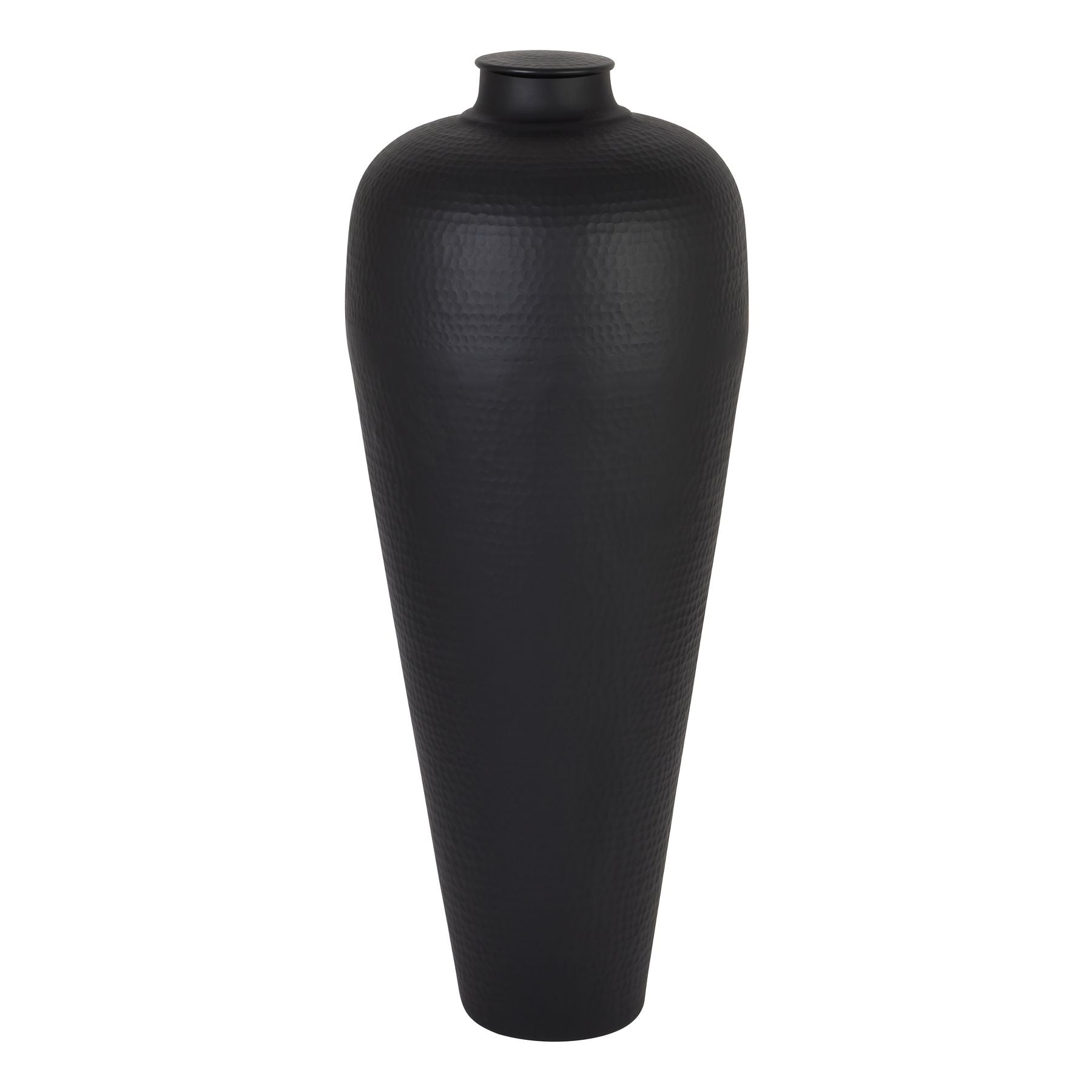 Matt Black medium hammered vase on a white background