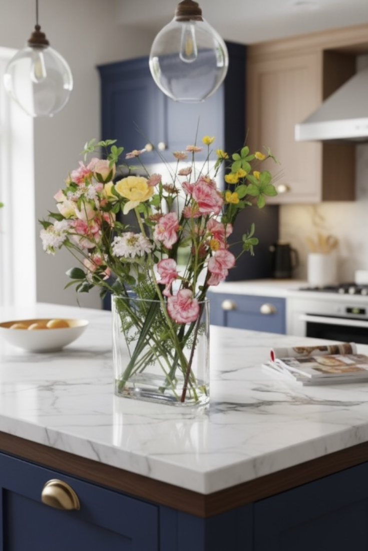 Kitchen counter with a vase of flowers, kitchen utensils, and a magazine.