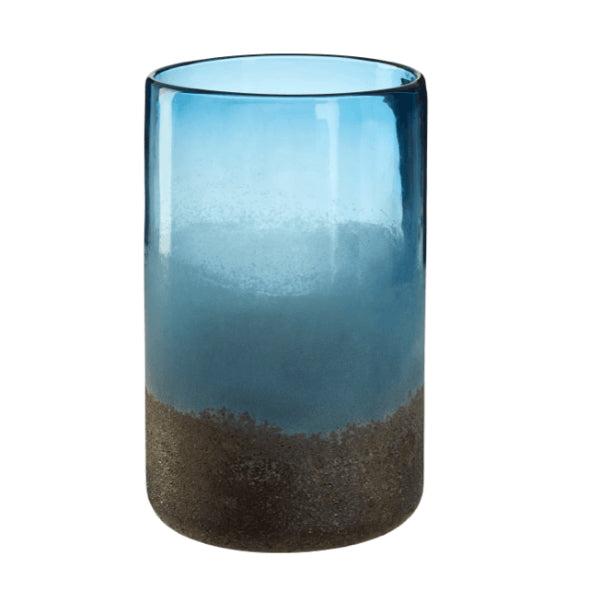 Tall glass vase with blue top and brown bottom on a white background