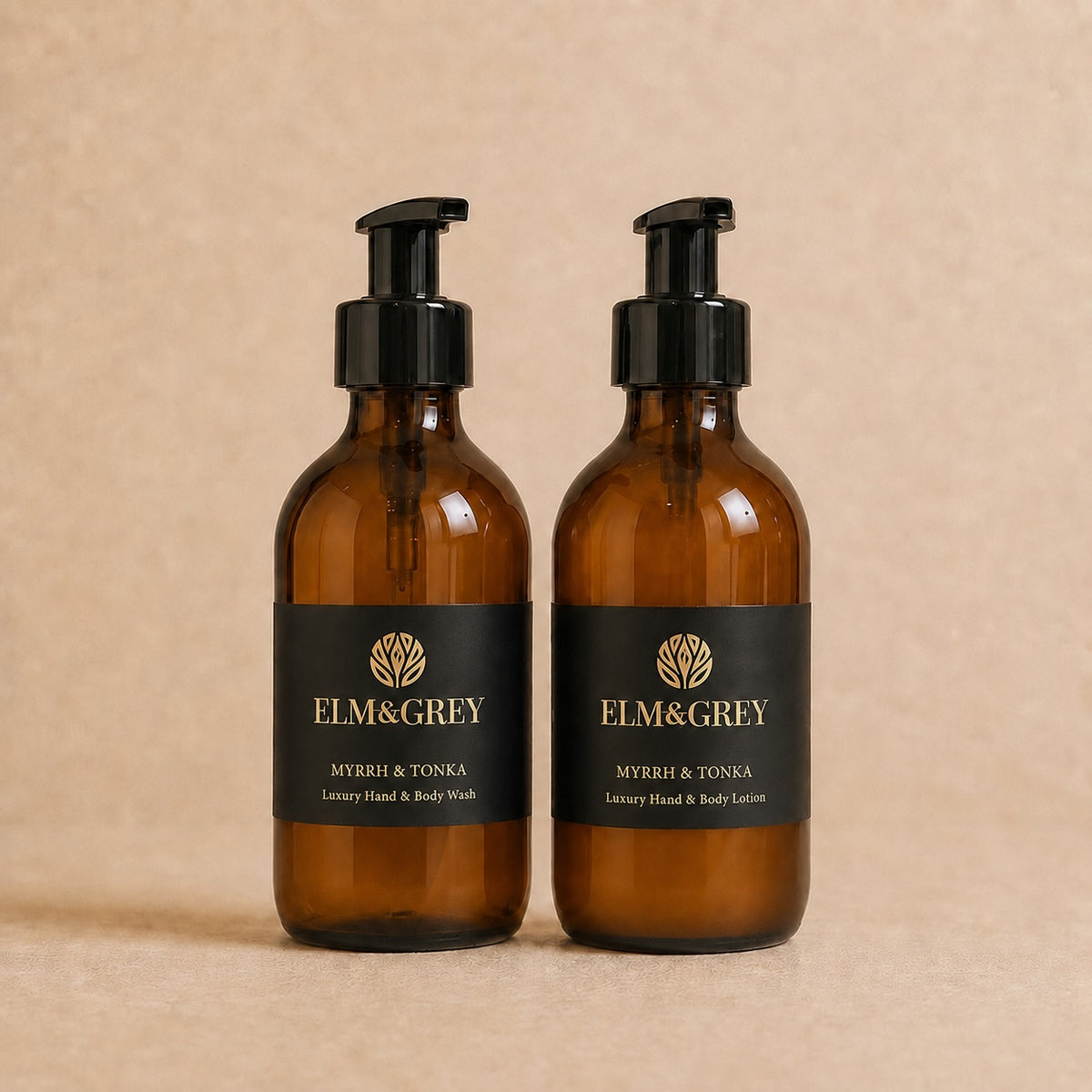 Elm & Grey Myrrh & Tonka luxury hand wash and hand and body lotion in amber glass bottles