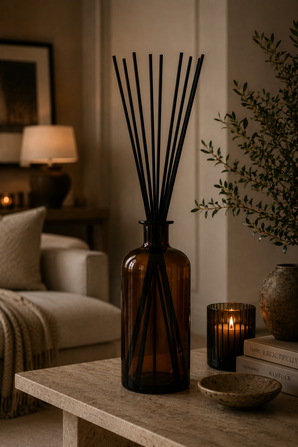myrrh and tonka statement reed diffuser by Elm & Grey styled on a table in a cosy living room 