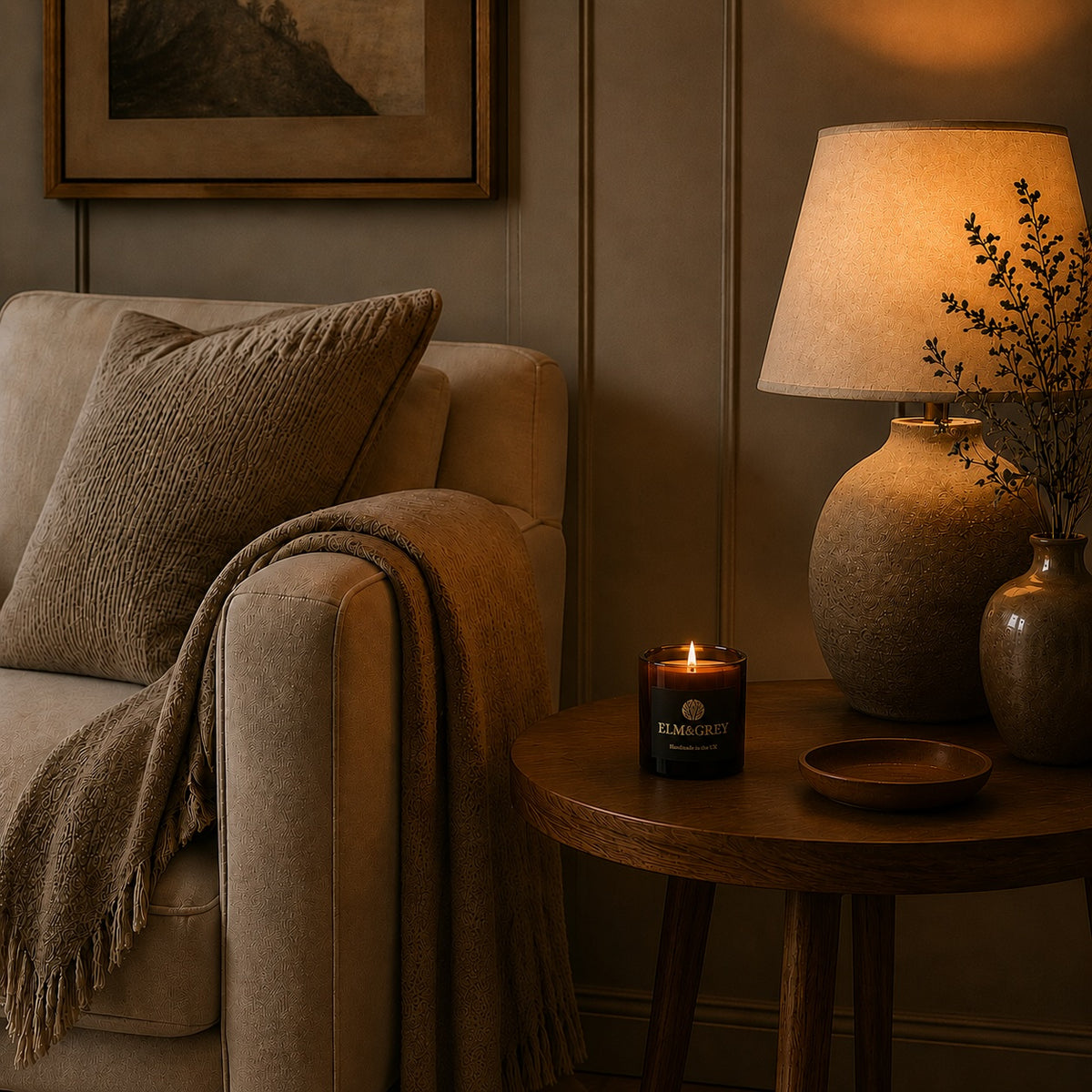 Elm & Grey Myrrh & Tonka candle in a warm softly lit living room