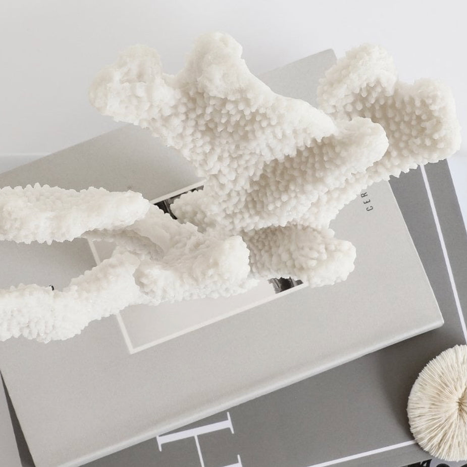 White coral-like sculpture on grey coffee table books, Elm & Grey.